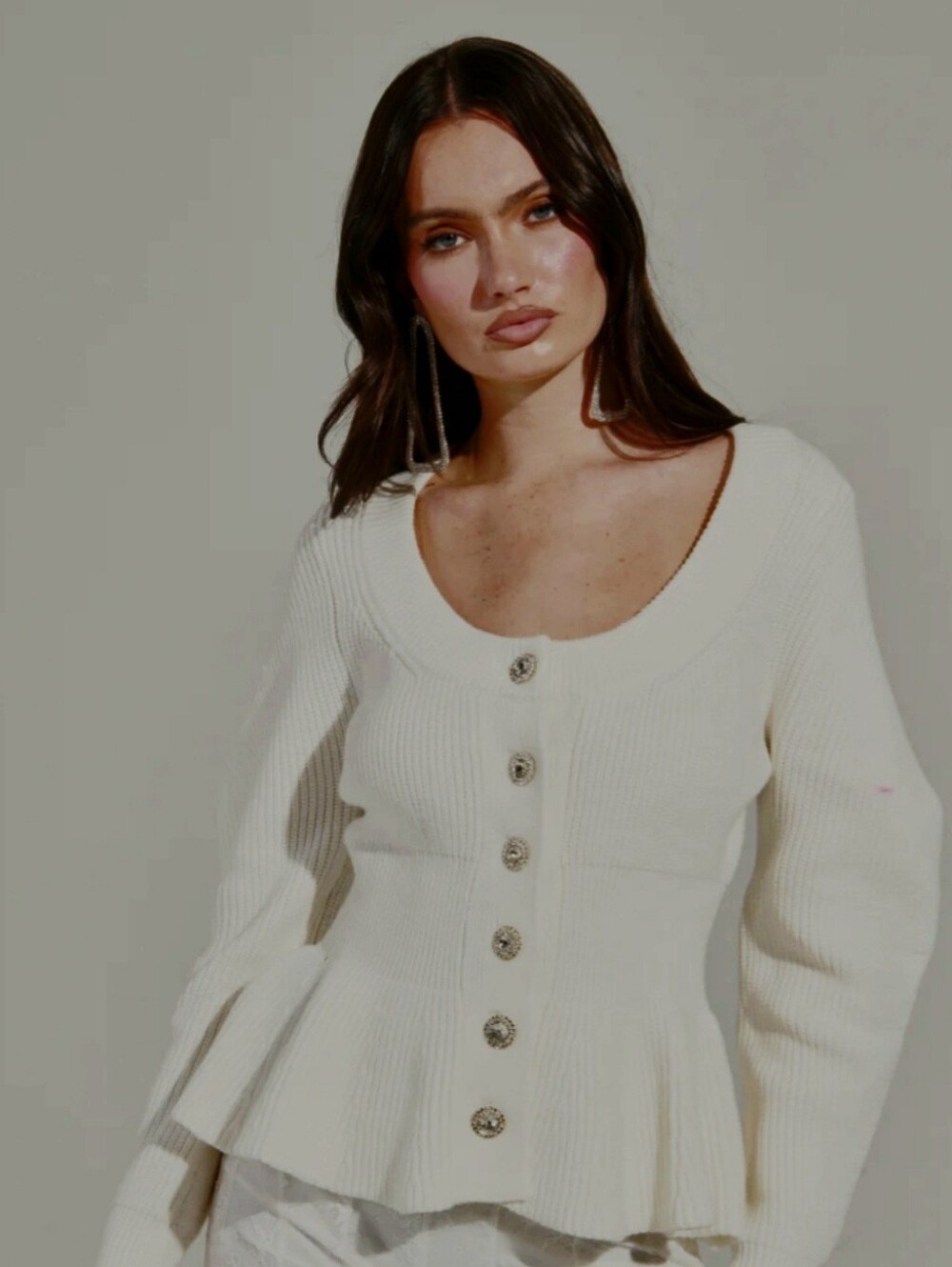 AKIRA Cream Ribbed Peplum Cardigan with Crystal Buttons